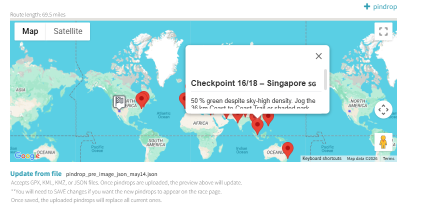 Pindrop popup showing Checkpoint 16/18 - Singapore with description text
